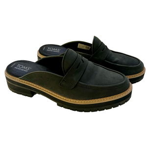 TOMS Cara Black Size 9.5 Mules Leather Loafers Lug Soles EUC